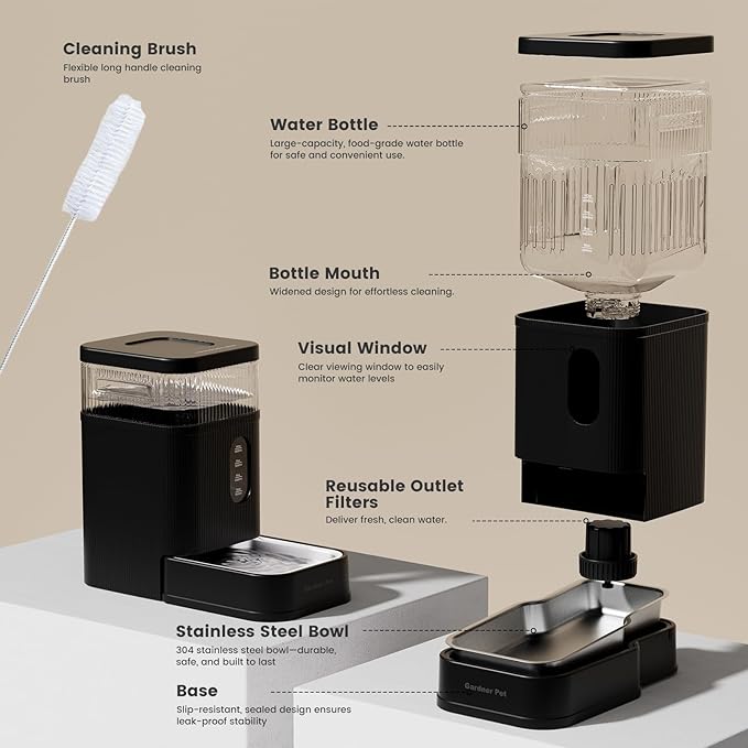 Gardner Pet Automatic Dog Water Dispenser Gravity Waterer with Stainless Steel Bowl Water Dispenser 8.5L Large Capacity Water Feeder for Dogs Cats Pets, BPA-Free Noise-Free (Black, 8.5L)-PurrikoPets