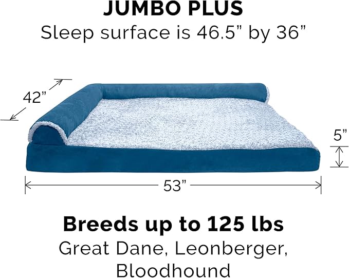 Furhaven Cooling Gel Dog Bed for Large Dogs w/ Removable Bolsters & Washable Cover, For Dogs Up to 125 lbs - Two-Tone Plush Faux Fur & Suede L Shaped Chaise - Marine Blue, Jumbo Plus/XXL-PurrikoPets