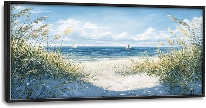 Framed Large Beach Wall Art for Living Room, Oversized Coastal Nautical Wall Decor Sailboat Canvas Seaside Pictures Modern Artwork Home Decoration for Living Room Bedroom Office 60"x30"-PurrikoPets