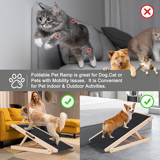 ABORON Antislip Dog Ramp, Adjustable Folding Pet Ramp for Small & Large Old Dogs & Cats, High Traction Portable Rubber Paw Ramps, Supports up to 200 lbs, Used for Bed Couch SUV, 39.3'' Long-PurrikoPets