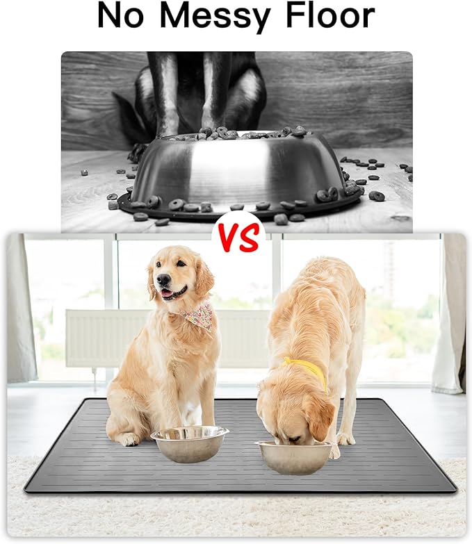 32" x 24" Large Pet Food Mat, Silicone Dog Mats for Food and Water, Nonslip Pet Feeding Mats for Floors,Dog Cat Bowl Mat with Raised Edges, Gray Blue-PurrikoPets