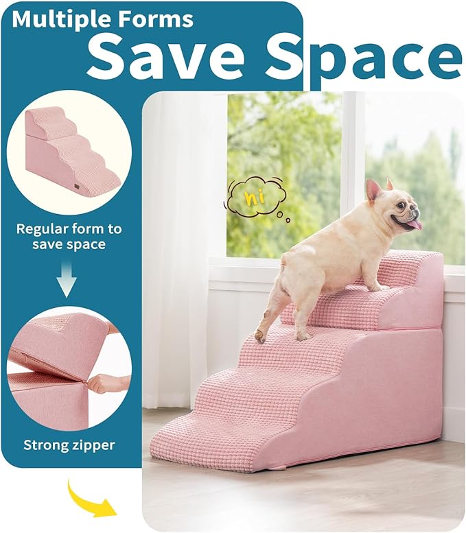 Dog Step for Bed, Dog Stair 5-Step 35D Pet Stair 22.8" H for High Bed or Sofa Non-Slip Balanced Pet Step Indoor, Pink-PurrikoPets