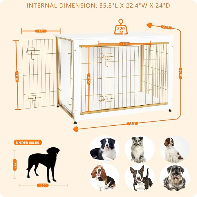 DWANTON Dog Crate Furniture with Cushion, Wooden Kennel Table with Double Doors, Indoor Dog House, Large Size, 38.5" L, White-PurrikoPets