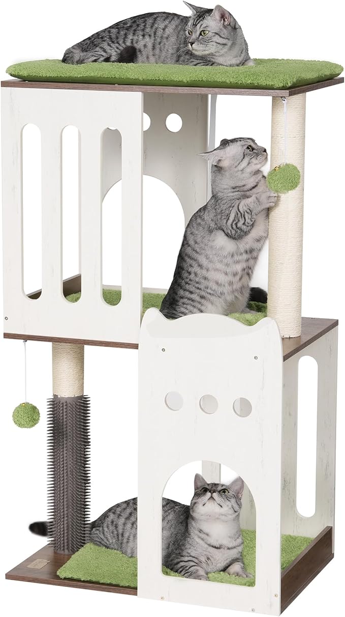 FourFurPets 43.7in 3-Tier Modern Cat Tree Tower Condo, Cat Scratch Posts for Indoor Cats, Big Plate, Two 19.7in Full Sisal Scratching Posts, White-PurrikoPets