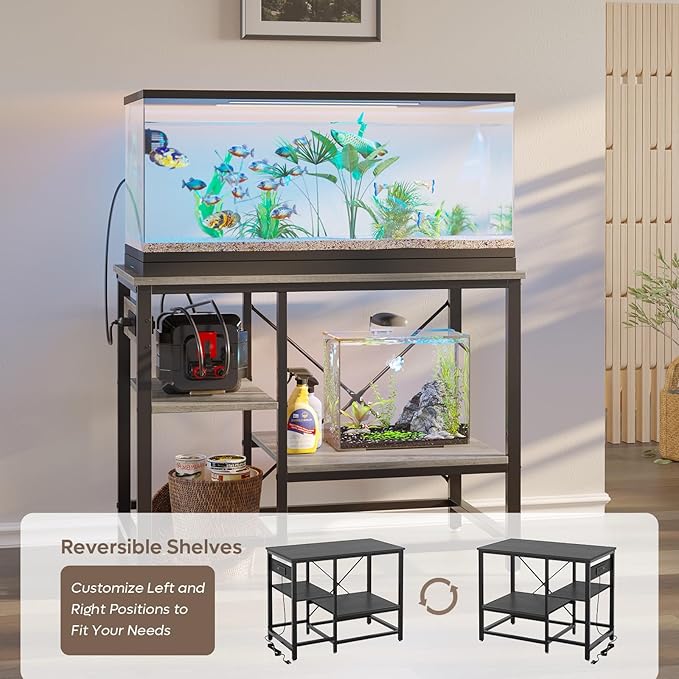 40-50 Gallon Fish Tank Stand with Charging Station, 36x19 Metal Aquarium Stand with 3-Tiers Adjustable Storage Shelves, 6-Legs Reptile Terrarium Stand, 660 LBs-PurrikoPets