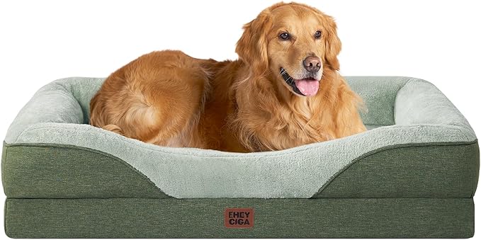 EHEYCIGA Memory Foam Dog Bed for Large Sized, Orthopedic Dog Sofa with Sides and Waterproof Liner, Washable Bolster Pet Couch with Removable Cover, 41x27x7.5 Inch, Green-PurrikoPets