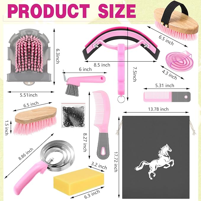 Abbylike 12 Pieces Horse Grooming Kit Racing Festival Tack Room Supplies Horse Brush Sets Equine Care Cleaning Kit Shedding Grooming Massaging Tools(Pink and Grey)-PurrikoPets
