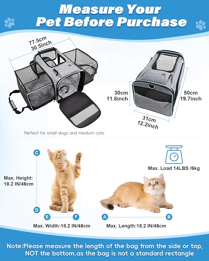 Expandable Travel Pet Bag, Scratch-Resistant Breathable Mesh, Crossbody&Tote Design, Durable&Spacious, Pet Carrier with High-Visibility Windows, Easy-Cleaning Fabric, Removable Soft Pad&Shoulder Strap-PurrikoPets