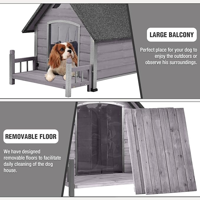 Dog House Outdoor with Anti-Chewing Iron Frame, Weatherproof Dog Kennel for Small Medium Large Dogs Indoor (Grey, 45" x 32.9" x 32.6")-PurrikoPets