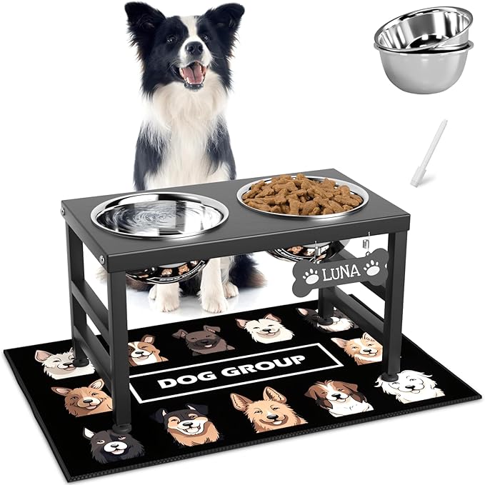 Elevated Dog Bowls, 10" Tall Height, Raised Bowl Stand with 2 Stainless Steel Food Feeder Bowls (58oz) and Spill-Proof Mat for Medium Large and Small Breeds-PurrikoPets