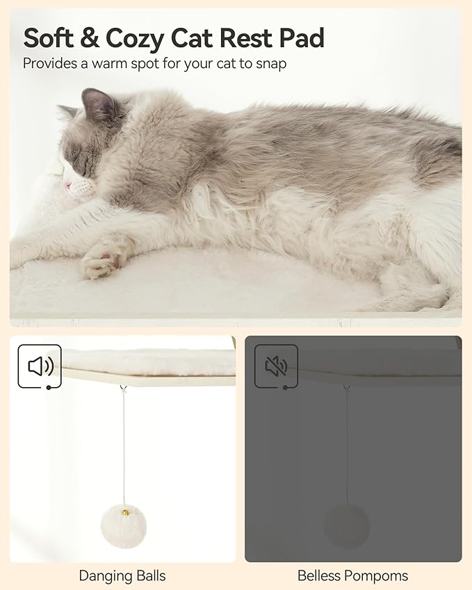 FourFurPets 72.4" Cat Tree, Modern Cat Tower for Indoor Cats, Multi-Level Cat Condo with Caves, Tall Cat Tree with Cat Scratching Board, Wooden Cat Tower with Large Perch, Removable Pads, White-PurrikoPets