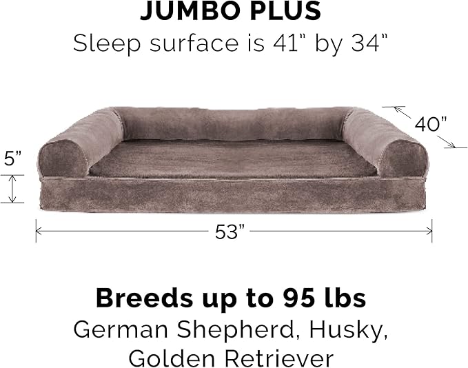 Furhaven Orthopedic Dog Bed for Large Dogs w/ Removable Bolsters & Washable Cover, For Dogs Up to 125 lbs - Faux Fur & Velvet Sofa - Driftwood Brown, Jumbo Plus/XXL-PurrikoPets