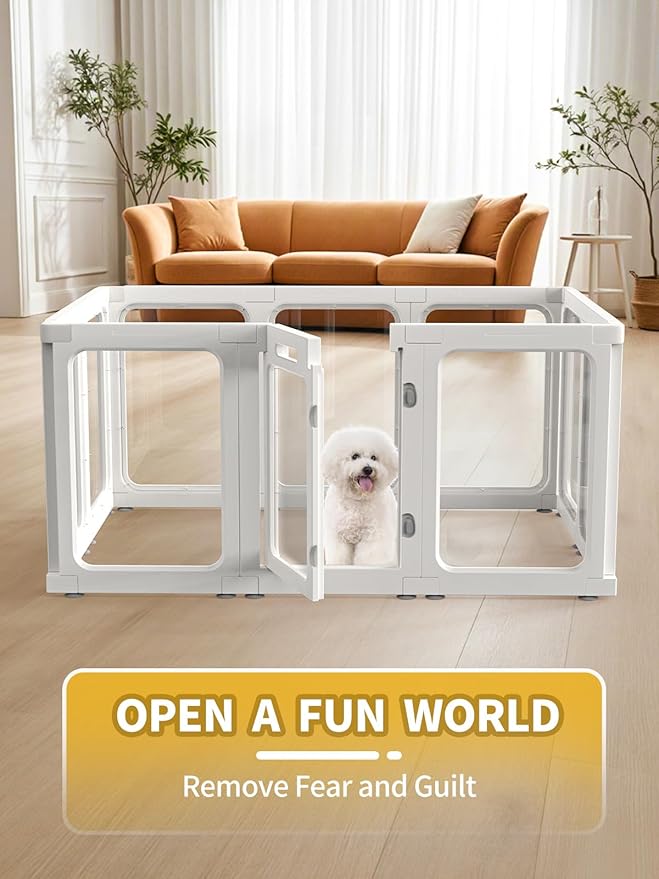 Dog Playpen, Clear Acrylic Plastic Puppy Playpen Indoor, Pet Pen for Puppy Cat Bunny, Transparent Easy Assemble Foldable Whelping Box for Dogs, Puppy Playpen with Gate (23.6" Height, 10PCS)-PurrikoPets