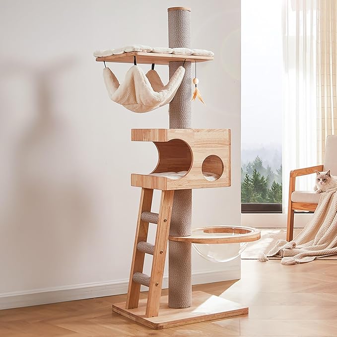 63-inch Modern Cat Tree, Luxury Cat Tower with Scratching Post, Unique Cat Condo with Hammock, Heavy Duty Kitty Climbing Tree for Indoor Cat, Wooden Kitty House for Small Medium Large Cats-PurrikoPets
