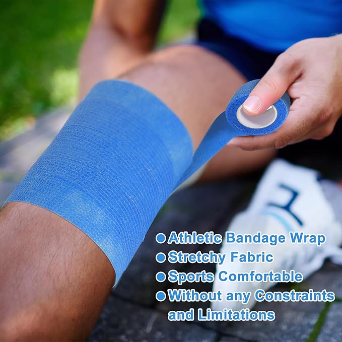 24 Pack Self Adherent Cohesive Wrap Bandages, 2” x 5 Yards Blue Athletic Tape, Medical Tape, Vet Wrap, Elastic Grip Tape for Sports Wrist Ankle Pet Ankle Swelling Sprains-PurrikoPets