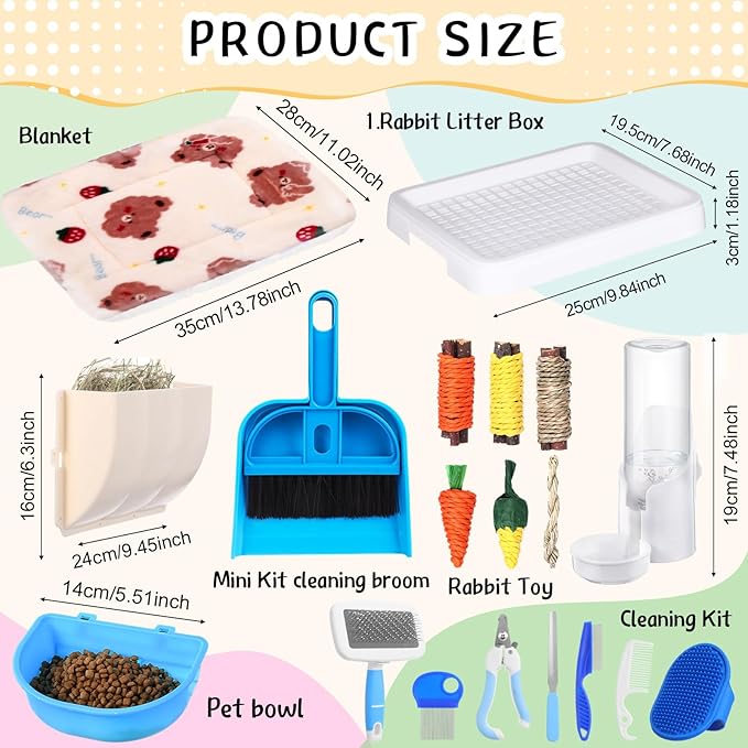 19 Pcs Rabbit Starter Kit Small Bunny Litter Box Animal Grooming Kit Water Bottle Bunny Toys Hay Feeder Bowl Blankets with Cleaning Set for Guinea Pig Rabbit Accessories (White)-PurrikoPets