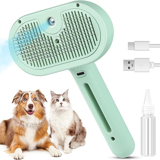 3 in 1 Cat Steam Brush, Pet Spray Hair Removal Comb for Shedding & Grooming, Water Brush for Cats Dogs Small Animals Long Short Haired with One-Click Release Button(Green)-PurrikoPets