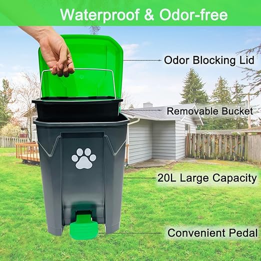 20L/5Gallon Dog Poop Trash Can Outside with Pooper Scooper & 50 Waste Bags- Outdoor Dog Poop Trash Can with Lid, Foot Pedal and Removable Inner Bin Waterproof and Odor Control-PurrikoPets