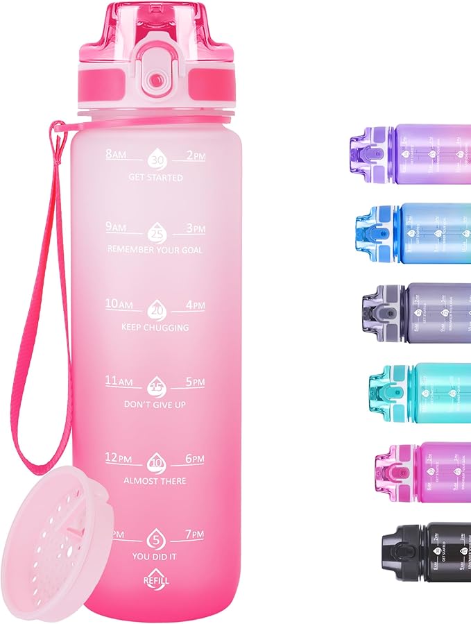 32oz Motivational Water Bottles with Time Marker & Fruit Strainer, Transparent Gradient Color Water Bottle with Times to Drink, Leakproof & BPA Free, Reusable Bottle with Strap (No Straw)-PurrikoPets