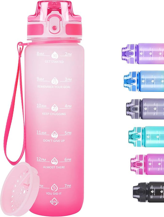 32oz Motivational Water Bottles with Time Marker & Fruit Strainer, Transparent Gradient Color Water Bottle with Times to Drink, Leakproof & BPA Free, Reusable Bottle with Strap (No Straw)-PurrikoPets