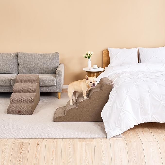 EHEYCIGA Curved Dog Stairs Ramp for High Beds 22.6" H, 5-Step Dog Steps for Small Dogs and Cats, Pet Stairs for High Bed Climbing, Non-Slip Balanced Pet Step Indoor, Camel-PurrikoPets