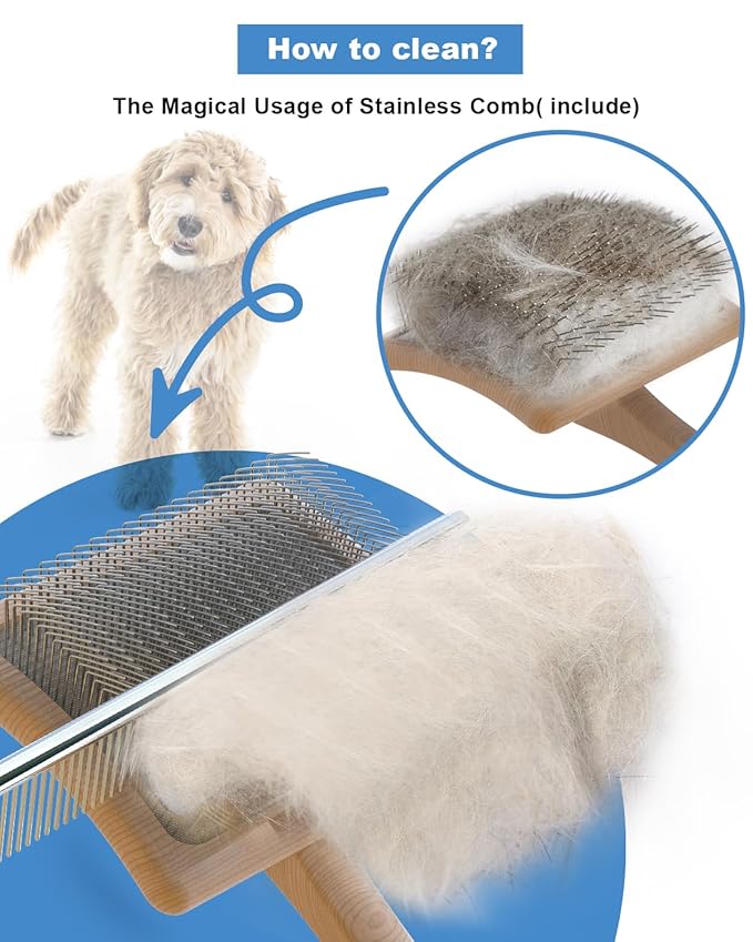 Dog Slicker Brush for Large Dogs, Professional Doodles Brush for Poodles, Goldendoodles and Labradoodles - Easy to Remove Tangles, Mats and Fluff - 3.8"x3.2" Head, 8" Wood Body-PurrikoPets