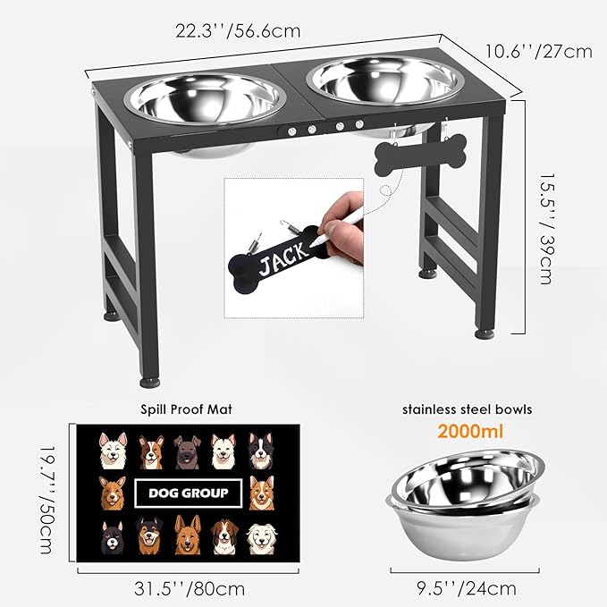 Elevated Dog Bowls,16inch Tall Pet Bowl Holder, Raised Bowl Stand with 2 Stainless Steel Bowls (68oz) and Spill-Proof Mat, Dog Feeder for Large Extra Large Breeds-PurrikoPets