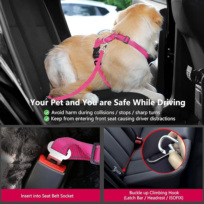 Dog Seat Belt Harness for Car, Dog Car Harness Adjustable Mesh Breathable & Dogs Seatbelt Safety Tether with Elastic Bungee for Small Medium Large Pets(Rose, S)-PurrikoPets