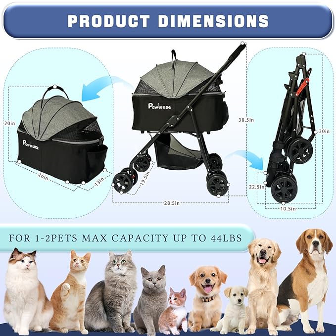 4 Wheels Pet Stroller 4 in 1 Pet Stroller with Detachable Carrier for Small & Medium Dogs Cats up to 55 lbs Easy-Folding Travel Dog Wagon with Car Seat Breathable Mesh,Black-PurrikoPets