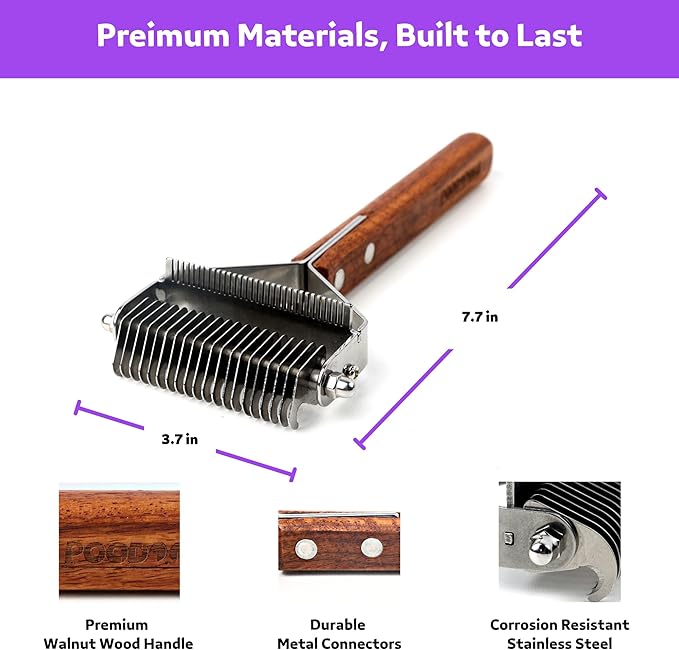 2 in 1 Dogs Cats Dematting Grooming Comb, Perfect Deshedding Undercoat Rake for Poodle & Goldendoodle, Efficiently Detangling Shedding Loose Hair & Matted Fur, All Long Haired Pet (Dark)-PurrikoPets