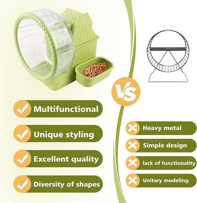 4 in 1 Silent Large Hamster Wheel Multifunctional Hamster Running Wheel Quite Running Spinner Wheel Accessories with Food Bowl Water Bottle for Hamsters Dwarf Gerbil (Green)-PurrikoPets