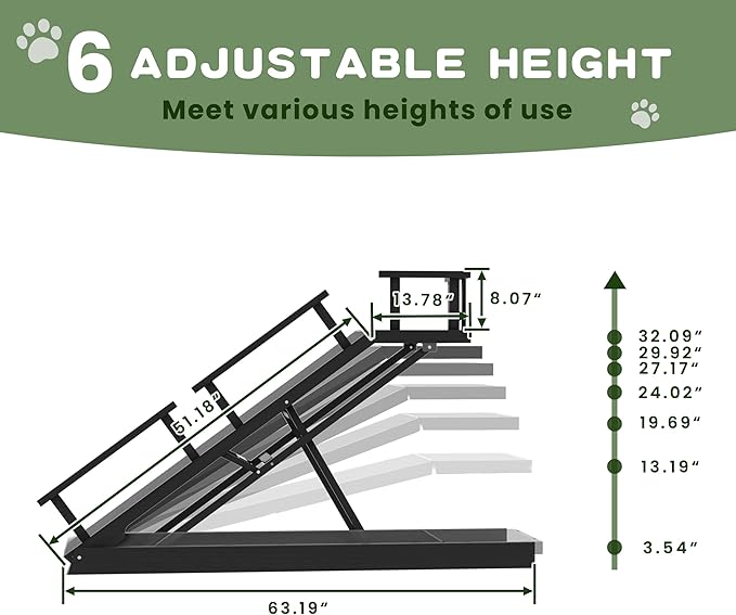 6 Level Height Adjustable Dog Ramp for Bed, Couch 65" Foldable Pet Ramp with Non-Slip Mat，DIY Glow Strips & Rest Platform Heavy Duty Dog Stairs for Large Dogs up to 200Lbs ，Black-PurrikoPets