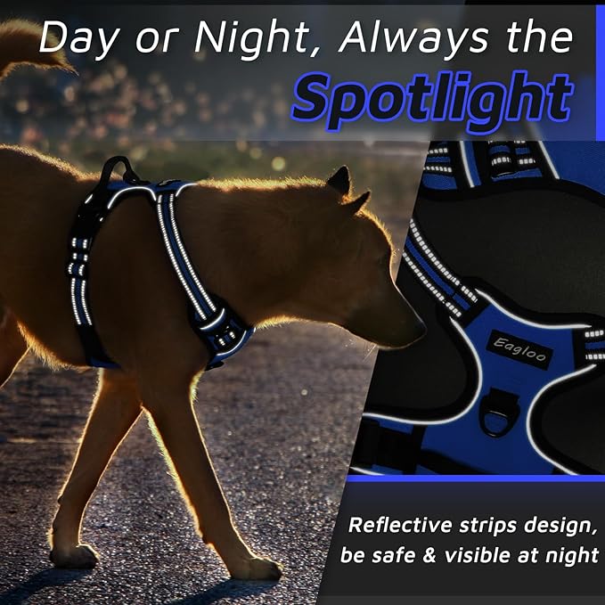 Eagloo Dog Harness Medium Sized Dog, No Pull Service Vest with Reflective Strips and Control Handle, Adjustable and Comfortable for Easy Walking, No Choke Pet Harness with 2 Metal Rings, Blue, M-PurrikoPets