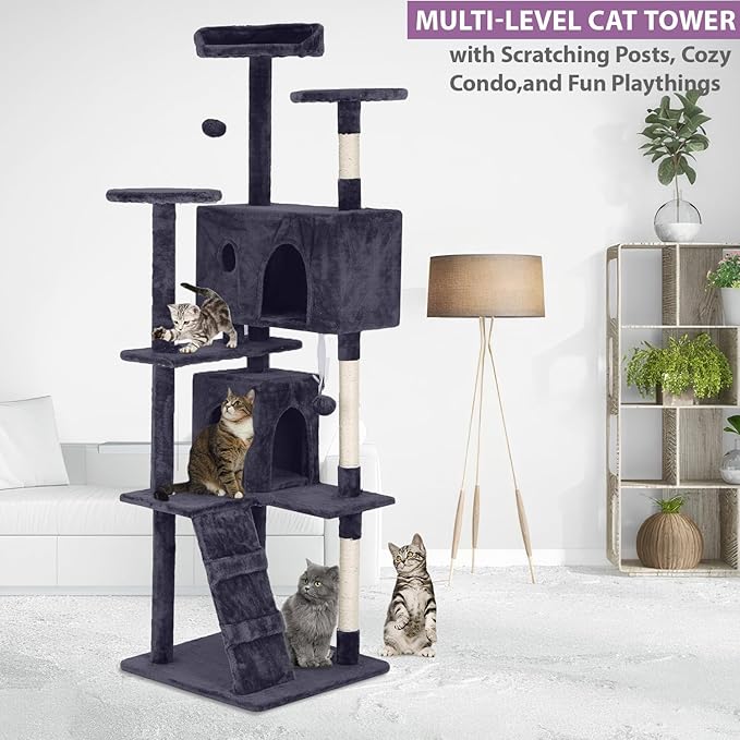 70 Inches Cat Tower for Indoor Cats, Multi-Level Cat Condos with Scratching Posts, Hanging Toys, Ashy-PurrikoPets