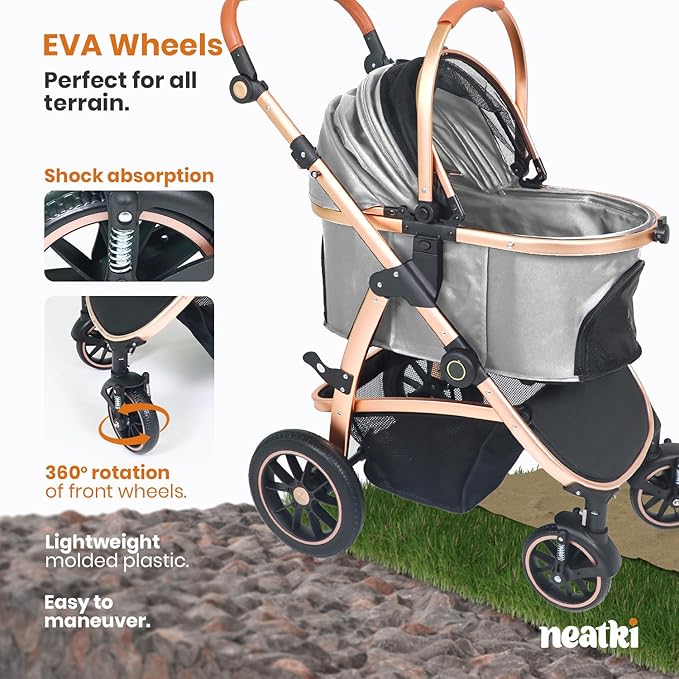 3 in 1 Pet Stroller - Stroller for Small to Medium Dogs and Cats up to 55 lbs, with Detachable Carrier/Car Seat, Foldable and Lightweight, Detachable Cushion + Cup Holder (Gray)-PurrikoPets