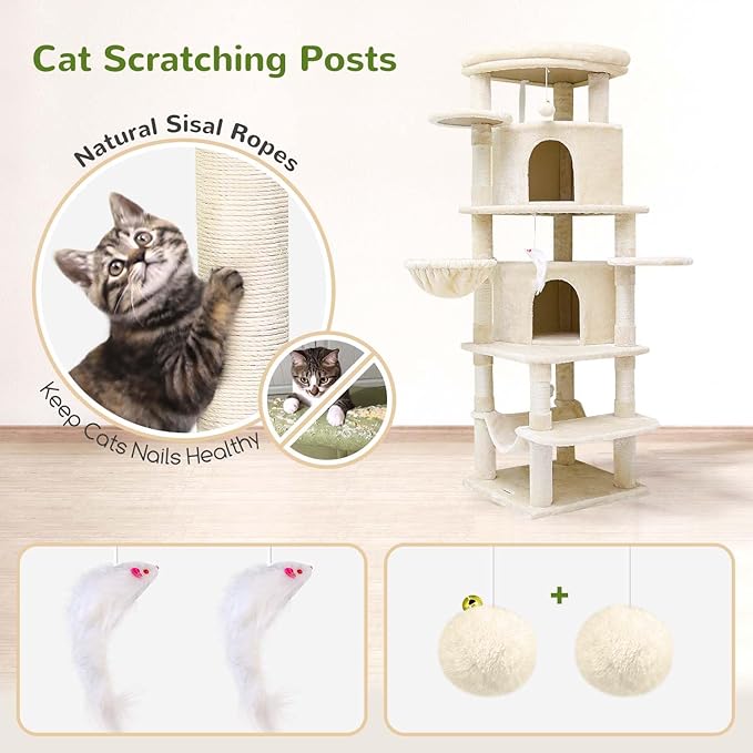 Globlazer Corner Cat Tree for Large Cats, 66inch Tall Curved Series Large Cat Tower for Multiple Indoor Cats with 6 Scratching Posts, 2 Spacious Cat Condos, Hammock, Hanging Basket, C66, Beige-PurrikoPets