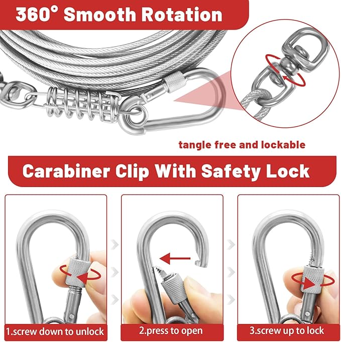 Dog Tie Out Cable 10/15/20/25/30FT Dog Run Cable Rosy Pink/Blue/Purple/Silver/Red/Green/YellowTie Out Cable for Large Dogs Heavy Duty for Outside Hold Large Dogs Up to 250LBS-PurrikoPets