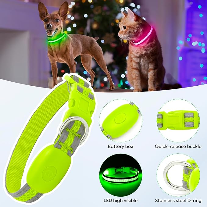 Flashseen LED Cat Collar,Light Up Dog Collar Rechargeable, Dog Lights for Night Walking, Comfortable Soft Mesh Pet Collar Adjustable for Cats Puppy and Small Dogs(Neon Green, XS)-PurrikoPets