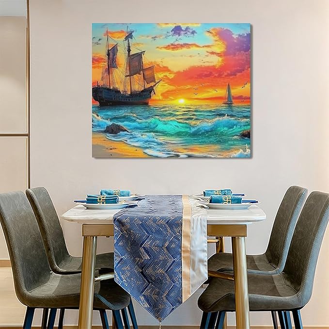 Framed Large Ship Wall Art for Living Room, Oversized Coastal Beach Boat Wall Decor Nautical Seascape Sailboat Canvas Painting Modern Artwork Home Decoration for Living Room Bedroom 60"x30"-PurrikoPets