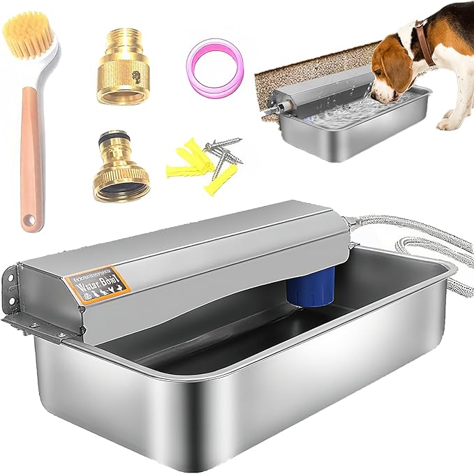 6L Automatic Dog Water Dispenser Bowl for Large Dogs, 304 Stainless Steel Wall Mounted Pet Waterer with Float Valve, Self-Filling Outdoor Water Trough for Pets/Livestock-PurrikoPets