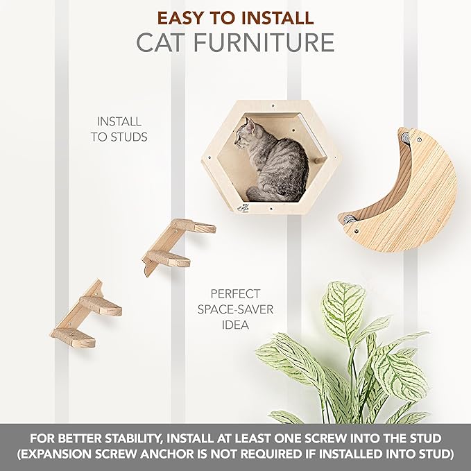 3-Piece Cat Wall Furniture Set - Hammock, Hexagon House, Climbing Steps - Wall Mounted Shelves, Perches, and Beds - Modern Design for Large Cats and Kittens & Spare Hammock Fabric Included-PurrikoPets