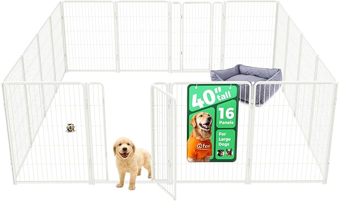 FXW Homeplus Unleashed Indoor Dog Playpen - Stress-Free and Safe Play, Heavy Duty 40 Inch 16 Wire Panels Dog Pen for Medium and Large Dogs, White│Patented-PurrikoPets