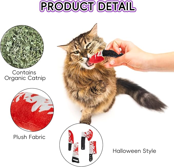 8pcs Catnip Toy, Indoor Knife Shaped Cat Toy Horror Plush Interactive Chew Bite Toys for Halloween Christmas Cat Kitten Indoor Festive Holiday Cat Lover Gift-PurrikoPets