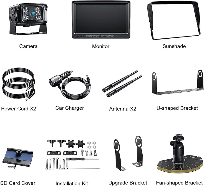 Fookoo HD 1080P 9" Wireless Backup Camera System, 9-inch Dual/Quad Split Monitor w/Recording, Supports 4 Cameras, IP69 Waterproof Rear View Cam Parking Lines 32GB SD Card for RV/Trailer/Truck(DW901)-PurrikoPets