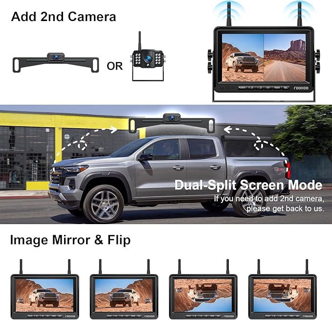 Fookoo HD 1080P 7-inch Wireless Backup Camera, 7" Split Screen Monitor + Rear View Licence Plate Camera, DIY Guide Lines Wide Angle IP69 Waterproof Easy to Install for Car Pickup Van SUV - DW7CT-PurrikoPets