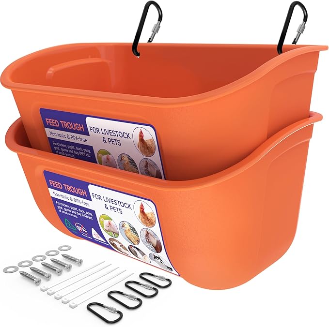 Goovilla Chicken Feeder Waterer, Hanging or Screw-in Fence Feeder with Clips, 2 Pack 5 Quart Goat Feeder Supplies, Duck Piglet Sheeple Coop Dog Livestock Poultry Plastic Feeder Trough Bucket, Orange-PurrikoPets