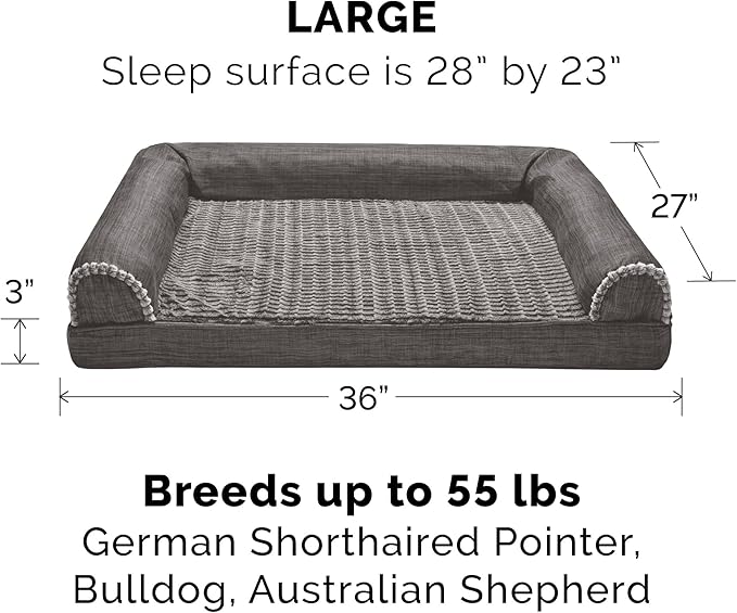 Furhaven Cooling Gel Dog Bed for Large/Medium Dogs w/ Removable Bolsters & Washable Cover, For Dogs Up to 55 lbs - Luxe Faux Fur & Performance Linen Sofa - Charcoal, Large-PurrikoPets