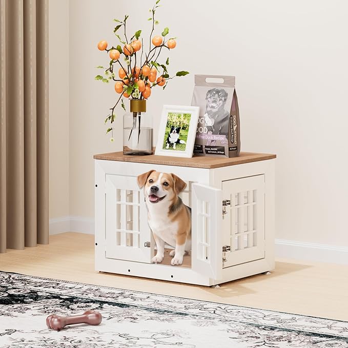 26" Heavy Duty Dog Crate Furniture for Small,Medium and Large Dogs,Rustic Wooden Dog Cage Kennel Indoor Furniture with Waterproof Top,Decorative Pet House Side End Table (White & Wood)-PurrikoPets