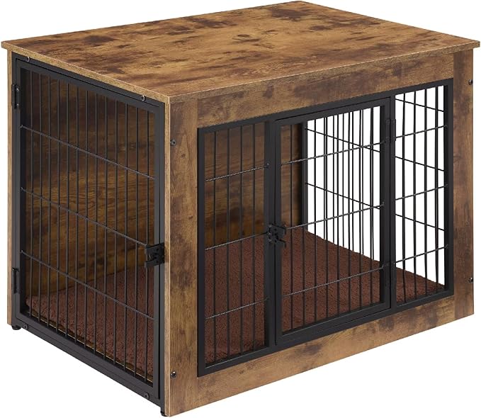 FLEXIMOUNTS Dog Crate Furniture with Cushion, Wooden Dog Kennel Furniture, Heavy Duty Dog Cage, 40" Dog Kennel with Double Doors, L-PurrikoPets