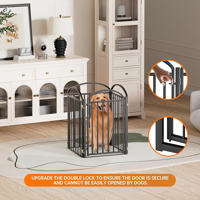4 Panles Full Matel Freestanding Dog Gates with Door, 96"Extra Wide 32"Tall Free Standing Dog Pet Gate for Indoor & Outdoor. Foldable Pet Fences for Doorways, House, Stairs, Porch, Deck, Yard-PurrikoPets